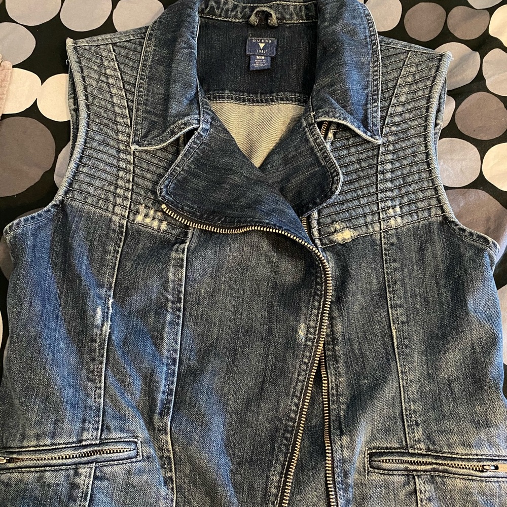 Guess Moto Jean Vest Motorcycle Blue Denim Jacket Kawaii Y2K Coat Biker Boho Art